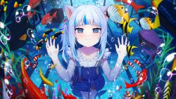 Rule 34 | 1girl, absurdres, animal ears, arms up, blue eyes, blue hair, blush, bubble, cat ears, closed mouth, cowboy shot, dress, fins, fish, fish tail, gawr gura, gawr gura (casual), hair ornament, highres, hololive, hololive english, long hair, looking at viewer, multicolored hair, shark girl, shark tail, smile, solo, standing, streaked hair, tail, toga (toganawa), underwater, virtual youtuber, white hair