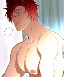 Rule 34 | 1boy, aaaadddding, animal ears, bara, brown eyes, closed mouth, highres, large pectorals, league of legends, male focus, muscular, muscular male, nipples, pectorals, red hair, scar, scar on face, scar on nose, sett (league of legends), short hair, smile, solo
