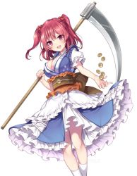 Rule 34 | absurdres, blush, breasts, cleavage, coin, highres, holding, holding scythe, holding weapon, jpeg artifacts, kneehighs, large breasts, looking at viewer, onozuka komachi, open mouth, pink eyes, pink hair, puffy short sleeves, puffy sleeves, risui (suzu rks), scythe, short sleeves, short twintails, smile, socks, teeth, touhou, twintails, two side up, weapon, white legwear