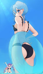 Rule 34 | 3girls, :d, absurdres, ass, bikini, blue eyes, blue hair, blue sky, from behind, highres, hololive, hoshimachi suisei, innertube, ira n, long hair, midriff, minato aqua, multiple girls, navel, one-piece swimsuit, open mouth, partially submerged, purple eyes, purple hair, side ponytail, sky, smile, solo focus, star (symbol), star in eye, swim ring, swimsuit, symbol in eye, tokoyami towa, twintails, virtual youtuber, water