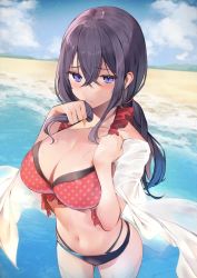 Rule 34 | 1girl, banned artist, beach, bikini, black bikini, black hair, blush, breasts, cleavage, closed mouth, cloud, collarbone, cowboy shot, crossed bangs, day, frilled bikini, frills, frown, hair between eyes, halterneck, hands up, highres, holding, holding own hair, large breasts, long hair, looking at viewer, low twintails, mismatched bikini, multi-strapped bikini, navel, original, outdoors, polka dot, polka dot bikini, purple eyes, purple hair, red bikini, see-through, sidelocks, sky, solo, stomach, swimsuit, tears, tetsubuta, twintails, water, wet
