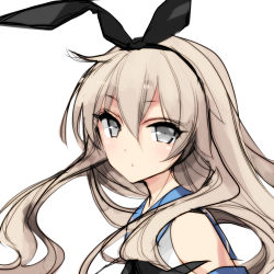 Rule 34 | 1girl, absurdres, bad id, bad pixiv id, black bow, blonde hair, blush, bow, breasts, elbow gloves, eyes visible through hair, from side, gloves, grey eyes, grey footwear, hair between eyes, hair bow, highleg, highres, kantai collection, long hair, looking at viewer, midriff, misteor, open mouth, sailor collar, shimakaze (kancolle), skirt, small breasts, solo, striped clothes, striped thighhighs, thighhighs, torso, turning head, very long hair, white background, white gloves