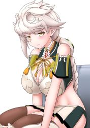 Rule 34 | 1girl, absurdly long hair, asymmetrical hair, blush, breasts, cleavage, closed mouth, cypress, kantai collection, large breasts, long hair, miniskirt, navel, simple background, skirt, solo, thighhighs, unryuu (kancolle), very long hair, vest, white background, white hair, white skirt, white vest, yellow eyes
