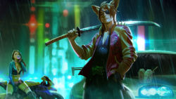 Rule 34 | 1boy, 1girl, animal ears, belt, black hair, blurry, blurry background, boots, brown hair, car, chewing gum, chinese food, cigarette, city, city lights, collar, collared jacket, collared shirt, dragon ornament, eyepatch, food, gloves, hand in pocket, hand on own face, jacket, jyurtsev, katana, legband, long hair, long sleeves, looking at viewer, motor vehicle, motorcycle, open clothes, open jacket, outdoors, over shoulder, pants, pectoral cleavage, pectorals, rain, shirt, shorts, splashing, sword, unzipped, vainglory, weapon, weapon over shoulder, wet, wet clothes, zipper
