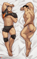 Rule 34 | 1boy, abs, alternate pectoral size, arm on own head, ass, bara, black male underwear, black shorts, blush, brown hair, bulge, clothes lift, completely nude, dakimakura (medium), feet, haikyuu!!, highres, jimsdaydreams, jockstrap, large pectorals, lifted by self, looking at viewer, lying, male focus, male underwear, midriff, muscular, muscular male, navel, nipples, nude, on back, on side, pectorals, sawamura daichi, shirt lift, short hair, shorts, sideburns, smile, soles, stomach, thick thighs, thighs, underwear, underwear only, watermark