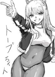 Rule 34 | 1girl, bikini, bikini bottom only, bikini over clothes, bodysuit, braid, breasts, covered navel, crop top, finger gun, goddess of victory: nikke, greyscale, grin, hair between eyes, headgear, jacket, kuminikke, long hair, looking at viewer, medium breasts, monochrome, multicolored clothes, multicolored jacket, off-shoulder jacket, off shoulder, sidelocks, simple background, skin tight, smile, solo, swimsuit, tove (nikke), two-tone jacket, white background
