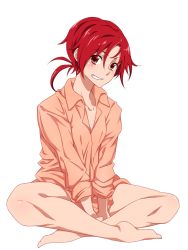 Rule 34 | 10s, 1girl, barefoot, blush, dress shirt, full body, grin, hino akane (smile precure!), indian style, looking at viewer, naked shirt, ponytail, precure, red eyes, red hair, shirt, short hair, simple background, sitting, sleeves rolled up, smile, smile precure!, solo, touryou, white background