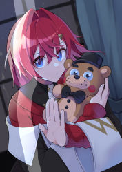 Rule 34 | 1girl, absurdres, ange katrina, ange katrina (1st costume), black coat, blue eyes, blush, closed mouth, coat, commentary, crossover, curtains, five nights at freddy&#039;s, five nights at freddy&#039;s 4, freddy fazbear, hair between eyes, hair ornament, hairclip, highres, holding, holding stuffed toy, indoors, jacket, light, long sleeves, looking at viewer, night, nijisanji, off-shoulder coat, off shoulder, palms, red hair, red jacket, scared, shinomiya shino (sinosino141), shirt, short hair, solo, stuffed animal, stuffed toy, tareme, tearing up, teddy bear, upper body, virtual youtuber, white shirt, wide sleeves, window