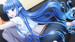 Rule 34 | 1boy, 1girl, absurdly long hair, artist request, belt, blue eyes, blue hair, blue skin, blunt bangs, breasts, colored skin, couch, crop top, denim, dina (monster musume), game cg, hug, hug from behind, jeans, large breasts, liquid hair, long hair, midriff, monster musume no iru nichijou, monster musume no iru nichijou online, official art, on couch, open mouth, pants, pointy ears, underboob, very long hair
