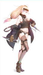 Rule 34 | 1girl, absurdres, arm tattoo, barcode, bare shoulders, belt, black jacket, black panties, blonde hair, blue border, blue eyes, boots, border, brown gloves, covered erect nipples, crop top, dagger, dual wielding, earrings, evanyi, full body, gloves, gradient legwear, gun, handgun, highres, holding, holster, jacket, jewelry, knife, long hair, looking at viewer, low-tied long hair, mask, mask around neck, mole, mole under eye, multicolored clothes, multicolored legwear, navel, no bra, number tattoo, off shoulder, open clothes, open jacket, original, panties, see-through, see-through legwear, simple background, solo, standing, tachi-e, tank top, tattoo, thigh holster, thighhighs, torn clothes, torn thighhighs, underwear, utility belt, visor, weapon, white background, zipper, zipper pull tab