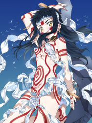Rule 34 | 1girl, arm up, bare shoulders, black hair, bodypaint, breasts, covered erect nipples, earrings, headband, highres, jewelry, long hair, looking at viewer, navel, neo ranga, niko (tama), revealing clothes, shimabara yuuhi, shiny skin, small breasts, solo, tribal, yellow eyes