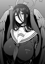 Rule 34 | 1girl, amano don, black choker, blue archive, blush, breasts, choker, feathered wings, halo, hasumi (blue archive), highres, large breasts, long hair, long sleeves, looking at viewer, mole, mole under eye, monochrome, parted lips, sailor collar, shirt, solo, upper body, wings