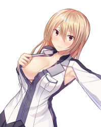 Rule 34 | 1girl, armpit cutout, armpits, asaba kakeru, blonde hair, blush, breasts, brown eyes, closed mouth, clothes pull, clothing cutout, dutch angle, hair between eyes, highres, jacket, jacket pull, large breasts, long hair, long sleeves, looking at viewer, no bra, open clothes, open jacket, original, pulling own clothes, reaching, reaching towards viewer, selfie, simple background, smile, solo, upper body, white background