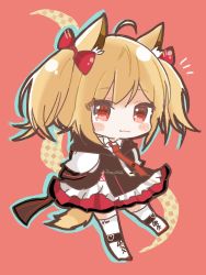 Rule 34 | 1girl, animal ear fluff, animal ears, arknights, black jacket, blonde hair, blush stickers, boots, bow, chibi, closed mouth, collared shirt, commentary request, cross-laced footwear, full body, hair bow, highres, jacket, knee boots, lace-up boots, long sleeves, looking at viewer, mom2, red background, red bow, red eyes, red skirt, shirt, skirt, sleeves past fingers, sleeves past wrists, smile, solo, sora (arknights), tail, thighhighs, thighhighs under boots, two side up, white footwear, white shirt, white thighhighs