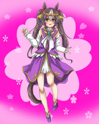 Rule 34 | 1girl, :d, animal ears, black hair, blush, brown eyes, commission, detached sleeves, dress, floral background, full body, high heels, horse ears, horse girl, horse tail, long hair, long sleeves, looking at viewer, multicolored hair, open mouth, oshiruko (uminekotei), pixiv commission, purple dress, purple footwear, shoes, sidelocks, sleeveless, sleeveless dress, smile, solo, standing, standing on one leg, tail, twintails, two-tone hair, umamusume, very long hair, white hair, white sleeves, yamanin zephyr (umamusume)