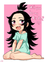 Rule 34 | 1girl, absurdres, artist logo, bare legs, barefoot, between legs, black hair, blush, border, borrowed character, child, delinquent&#039;s little sister (merryweather), dot nose, english text, eyebrows, eyelashes, fang, female focus, foot out of frame, forehead, from side, green shirt, hand between legs, high ponytail, highres, looking at viewer, looking to the side, open mouth, original, pink background, pink eyes, ponytail, radiosylent, shirt, short ponytail, short sleeves, simple background, single bare shoulder, sitting, smile, solo, t-shirt, wariza, white border