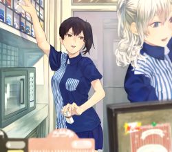 Rule 34 | 10s, 2girls, bad id, bad pixiv id, blue eyes, blurry, cigarette pack, convenience store, depth of field, employee uniform, fukazaki (g425hw45), kaga (kancolle), kantai collection, kashima (kancolle), lawson, long hair, microwave, multiple girls, open mouth, shop, side ponytail, silver hair, skirt, twintails, uniform