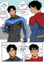 Rule 34 | 2boys, bara, batman (series), black bodysuit, black hair, blue bodysuit, blue eyes, blush, bodysuit, cape, covered abs, dc comics, dick grayson, domino mask, english text, highres, holding, holding mask, jonathan kent, large pectorals, looking at another, male focus, mask, multiple boys, muscular, muscular male, nightwing, pectorals, red cape, short hair, superboy, superman (series), suyohara, two-tone bodysuit