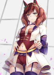Rule 34 | 1girl, absurdres, bad id, bad pixiv id, blush, breasts, brown eyes, brown hair, collarbone, commentary, cowboy shot, cropped jacket, ear covers, garter straps, highres, horse girl, jacket, kurohikage, long hair, long sleeves, looking at viewer, midriff, navel, nice nature (umamusume), open clothes, open jacket, purple thighhighs, red shorts, red vest, short shorts, shorts, solo, standing, starting future (umamusume), thighhighs, twintails, umamusume, vest, white jacket