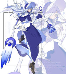 Rule 34 | 1girl, ?, alternate costume, apron, boots, broom, brown footwear, commentary request, dress, duel monster, earrings, full body, gloves, hair over one eye, hat, high heel boots, high heels, highres, holding, holding broom, jewelry, leg up, long hair, long sleeves, looking at viewer, maid, maid apron, necklace, puffy sleeves, silent magician, solo, sugomori tsuru (artist), white gloves, white hair, white hat, yu-gi-oh!