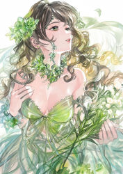 Rule 34 | 1girl, breasts, brown hair, cleavage, curly hair, dress, flower, green dress, green eyes, green flower, green rose, hand on own chest, highres, long hair, looking up, medium breasts, nail polish, original, parted lips, plant, rose, solo, umishima senbon
