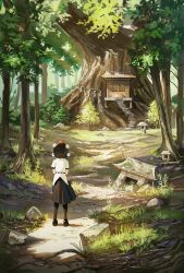 Rule 34 | 1girl, architecture, black footwear, black hair, black pantyhose, black skirt, blouse, day, east asian architecture, facing away, fjsmu, forest, from behind, full body, grass, hat, highres, moss, nature, outdoors, pantyhose, pom pom (clothes), red hat, rope, shameimaru aya, shide, shimenawa, shirt, short hair, short sleeves, skirt, solo, stairs, stone lantern, tokin hat, touhou, tree, white shirt