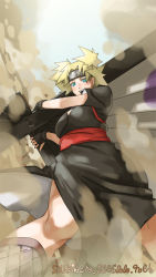 Rule 34 | 1girl, :d, blonde hair, blue eyes, dust, female focus, fingerless gloves, fishnets, forehead protector, from below, gloves, gradient background, hand fan, japanese clothes, naruto, naruto (series), open mouth, quad tails, shuriken (artist), smile, solo, standing, temari (naruto)