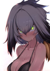 Rule 34 | 10s, 1girl, arms at sides, bare arms, bare shoulders, bikini, black hair, blush, breasts, cleavage, closed mouth, collarbone, green eyes, grey bikini, grey hair, hair between eyes, head wings, highres, kemono friends, large breasts, looking at viewer, multicolored hair, serious, shoebill (kemono friends), simple background, solo, strap gap, sweat, swimsuit, try (lsc), tsurime, two-tone hair, upper body, white background, wings