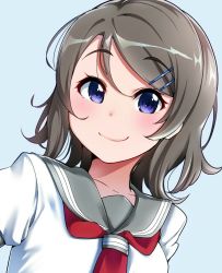 Rule 34 | 1girl, blue background, blush, closed mouth, grey hair, grey sailor collar, hair ornament, hairclip, highres, igarashi kyouhei, looking at viewer, love live!, love live! sunshine!!, medium hair, necktie, puffy short sleeves, puffy sleeves, purple eyes, red necktie, sailor collar, shirt, short sleeves, simple background, smile, solo, upper body, watanabe you, white shirt