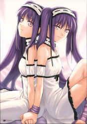 Rule 34 | 00s, 2girls, back-to-back, bare shoulders, choker, euryale (fate), fate/hollow ataraxia, fate/stay night, fate (series), holding hands, highres, long hair, multiple girls, pink eyes, purple eyes, purple hair, siblings, sisters, sitting, stheno (fate), tanaka shoutarou, twins, twintails