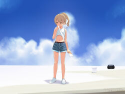 Rule 34 | 1girl, alternate hairstyle, ankle socks, bare arms, bare shoulders, belt, blue shorts, blue sky, blush, brown belt, brown eyes, brown hair, clothes lift, cloud, cloudy sky, covered mouth, cutoffs, day, holding, holding paintbrush, idolmaster, idolmaster cinderella girls, lifted by self, looking to the side, morikubo nono, navel, outdoors, paintbrush, ponytail, revision, ringlets, shirt, shirt lift, shoes, short shorts, shorts, sky, sleeveless, sleeveless shirt, socks, solo, standing, stereo, sweat, uccow, white footwear, white shirt, white socks