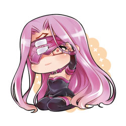 Rule 34 | 1girl, blindfold, blindfold slip, chibi, fate/stay night, fate (series), long hair, lowres, medusa (fate), medusa (rider) (fate), purple hair, ryugun, solo, square pupils, very long hair