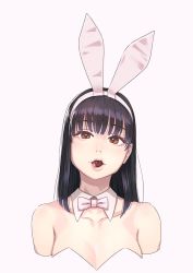 Rule 34 | 1girl, animal ears, bare shoulders, black hair, blush, bow, bowtie, breasts, candy, chocolate, chocolate heart, collarbone, detached collar, fake animal ears, food, food in mouth, heart, leotard, long hair, looking at viewer, mouth hold, open mouth, original, playboy bunny, portrait, rabbit ears, simple background, solo, upper body, white background, yuuji (and)