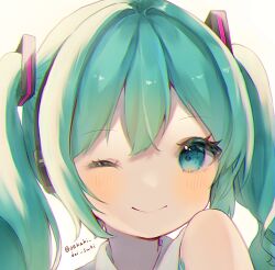 Rule 34 | 1girl, artist name, blue eyes, blush, collared shirt, hair ornament, hatsune miku, headphones, highres, looking at viewer, one eye closed, shirt, sleeveless, sleeveless shirt, smile, solo, suiren nei, upper body, vocaloid, white background