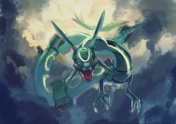 Rule 34 | above clouds, black sclera, claws, cloud, colored sclera, commentary request, creatures (company), dragon, eastern dragon, fangs, flying, game freak, gen 3 pokemon, legendary pokemon, looking at viewer, nintendo, no humans, open mouth, pecohophop, pokemon, pokemon (creature), rayquaza, solo, tongue, yellow eyes