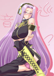 Rule 34 | 1girl, asakawa yuu, black thighhighs, blush, boots, breast hold, breasts, cosplay, covered erect nipples, cross-laced footwear, fate/stay night, fate (series), glasses, headphones, large breasts, long hair, medusa (fate), medusa (rider) (fate), megurine luka, megurine luka (cosplay), panties, pantyshot, purple eyes, purple hair, purple panties, siseru samurai, solo, square pupils, thighhighs, underwear, very long hair, vocaloid, vocaloid boxart pose, voice actor connection
