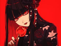 Rule 34 | 1girl, absurdres, black hair, black kimono, black nails, black ribbon, blunt bangs, candy, candy apple, commentary, commentary request, fang, floral print, flower, food, gradient hair, hair flower, hair ornament, hair over shoulder, hair ribbon, head tilt, highres, holding, holding candy, holding food, japanese clothes, kimono, kurobane444, long hair, looking at viewer, lower teeth only, multicolored hair, nail polish, open mouth, original, pointy nose, print kimono, red background, red eyes, red hair, red lips, red ribbon, ribbon, sidelocks, simple background, slit pupils, solo, summer festival, symbol-only commentary, teeth