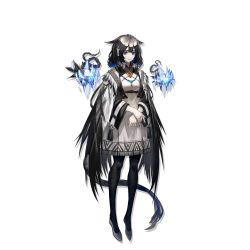 Rule 34 | 1girl, arknights, bead necklace, beads, bird tail, bird wings, black hair, black pantyhose, blue eyes, blue hair, dress, full body, grey footwear, hair flaps, highres, jewelry, kjera (arknights), long sleeves, looking at viewer, multicolored hair, necklace, official art, own hands together, pantyhose, parted lips, ryuuzaki ichi, shoes, short dress, short hair, smile, solo, standing, streaked hair, tail, transparent background, white dress, wide sleeves, wings