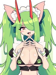 Rule 34 | 1girl, absurdres, animal ears, bikini, black bikini, breasts, cat ears, cleavage, daigada, green hair, highres, horns, looking at viewer, medium breasts, micro bikini, open mouth, original, red eyes, simple background, smile, smug, solo, swimsuit, upper body, white background