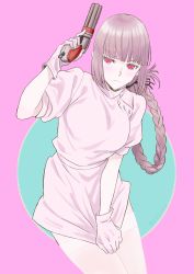 Rule 34 | 1girl, absurdres, alternate costume, blush, braid, breasts, fate/grand order, fate (series), florence nightingale (fate), frown, g bow wow, gift, gloves, gun, highres, holding, holding gift, holding gun, holding weapon, long hair, looking at viewer, nurse, pale skin, pink eyes, shirt tug, silver hair, solo, thighhighs, twitter username, weapon, white gloves, white thighhighs