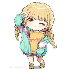 Rule 34 | 1girl, ;3, akio02031, arm up, blonde hair, blue skirt, blush, braid, chibi, chibi only, commentary request, fujita kotone, full body, gakuen idolmaster, hair ribbon, idolmaster, jacket, long hair, looking at viewer, multicolored clothes, multicolored jacket, one eye closed, ribbon, shirt, shoes, simple background, skirt, smile, sneakers, solo, twin braids, twitter username, v, very long hair, white background, yellow eyes, yellow shirt