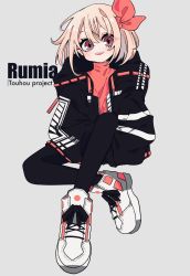 Rule 34 | 1girl, :d, alternate costume, bad id, bad twitter id, black jacket, black pantyhose, blonde hair, casual, character name, commentary request, contemporary, copyright name, full body, grey background, hair ribbon, high tops, highres, jacket, long sleeves, looking at viewer, medium hair, open clothes, open jacket, open mouth, pantyhose, pink eyes, red ribbon, red shirt, ribbon, rumia, shirt, shoes, smile, sneakers, solo, streetwear, touhou, tsumaseu, turtleneck, white background, white footwear