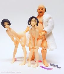 Rule 34 | 1boy, 2girls, absurdres, action figure, age difference, bald, barefoot, black hair, black rock shooter, breasts, character request, closed eyes, condom, condom packet strip, condom wrapper, doggystyle, fat, fat man, ffm threesome, figma, figure, fingering, fingering from behind, group sex, hands on own knees, hetero, highres, implied sex, kobayakawa rinko, leaning forward, looking at another, lotion bottle, love plus, lube bottle, multiple girls, old, old man, open clothes, open robe, photo (medium), pigeon-toed, revoltech, robe, sex, sex from behind, short hair, small breasts, small nipples, smile, standing, threesome, toy, ugly man, white background, white robe