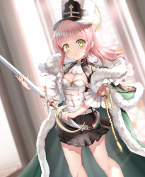 Rule 34 | 1girl, absurdres, azur lane, black skirt, blunt bangs, blurry, breasts, cleavage, coat, commentary request, depth of field, epaulettes, fur-trimmed coat, fur trim, green eyes, hat, highres, holding, holding sword, holding weapon, long hair, looking at viewer, military hat, pink hair, pleated skirt, pompeo magno (azur lane), shinka (user rcem8835), short sleeves, sidelocks, skirt, smile, solo, sword, weapon