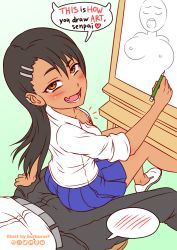 Rule 34 | 1boy, 1girl, :d, artist name, black hair, black pants, blue skirt, blush, bra, bra peek, breasts, brown eyes, burbur, cleavage, commentary, dark skin, dark-skinned female, downblouse, drawing, earclip, english commentary, english text, fang, from above, hachiouji naoto, hair ornament, hairclip, head out of frame, ijiranaide nagatoro-san, long hair, nagatoro hayase, open mouth, pants, pencil, pleated skirt, shirt, shoes, sitting, sitting on lap, sitting on person, skin fang, skirt, small breasts, smile, solo focus, speech bubble, spoken blush, underwear, white bra, white footwear, white shirt