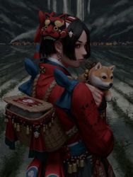 Rule 34 | 1girl, absurdres, animal, backpack, bag, black gloves, black hair, bridal gauntlets, chinese zodiac, closed mouth, commentary request, dog, earrings, from behind, gloves, grey eyes, guweiz, hairband, highres, holding, holding animal, holding dog, japanese clothes, jewelry, long sleeves, looking at viewer, looking back, mask, mask on head, outdoors, parted bangs, pink lips, rice paddy, sash, shiba inu, short hair, smoke, solo, standing, tassel, year of the dog
