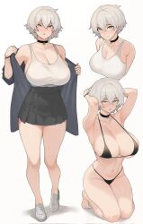 Rule 34 | 1girl, arms behind head, bikini, black bikini, black choker, black skirt, breasts, choker, cleavage, curvy, highres, huge breasts, jacket, large breasts, lewd dimension, looking at viewer, mole, mole on breast, mole under mouth, navel, original, shoes, short hair, skirt, solo, swimsuit, tank top, thighs, white background, white footwear, white hair, white tank top, yellow eyes