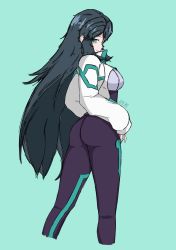 Rule 34 | 1girl, absurdres, ass, black bodysuit, bodysuit, breasts, commentary, english commentary, from side, green background, green eyes, green hair, gundam, gundam build divers, gundam build divers re:rise, hair behind ear, hand on own hip, highres, long hair, looking at viewer, may (gundam build divers re:rise), medium breasts, rafael (rafa w73), shrug (clothing), skin tight, smile, solo, twitter username, very long hair
