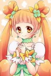 Rule 34 | 1girl, bow, brooch, brown eyes, brown hair, choker, cure rosetta, dokidoki! precure, double bun, flower, hair bun, hair flower, hair ornament, heart, heart brooch, kuune rin, long hair, magical girl, own hands clasped, own hands together, precure, puffy sleeves, sepia background, smile, solo, twintails, waist bow, wrist cuffs, yotsuba alice