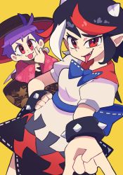 Rule 34 | 2girls, absurdres, akanbe, black hair, blue bow, blue bowtie, bow, bowl, bowl hat, bowtie, bracelet, cone horns, dress, eyelid pull, fang, hand on own hip, hat, highres, horns, japanese clothes, jewelry, kijin seija, kimono, long sleeves, looking at viewer, maletoh, multicolored hair, multiple girls, needle, pointy ears, purple hair, red eyes, red hair, short sleeves, simple background, spiked bracelet, spikes, streaked hair, sukuna shinmyoumaru, tongue, tongue out, touhou, white hair, yellow background